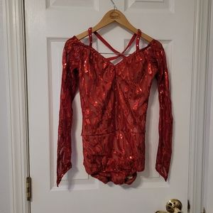 Red Long Sleeve Sequin and Mesh Leotard--Small Adult